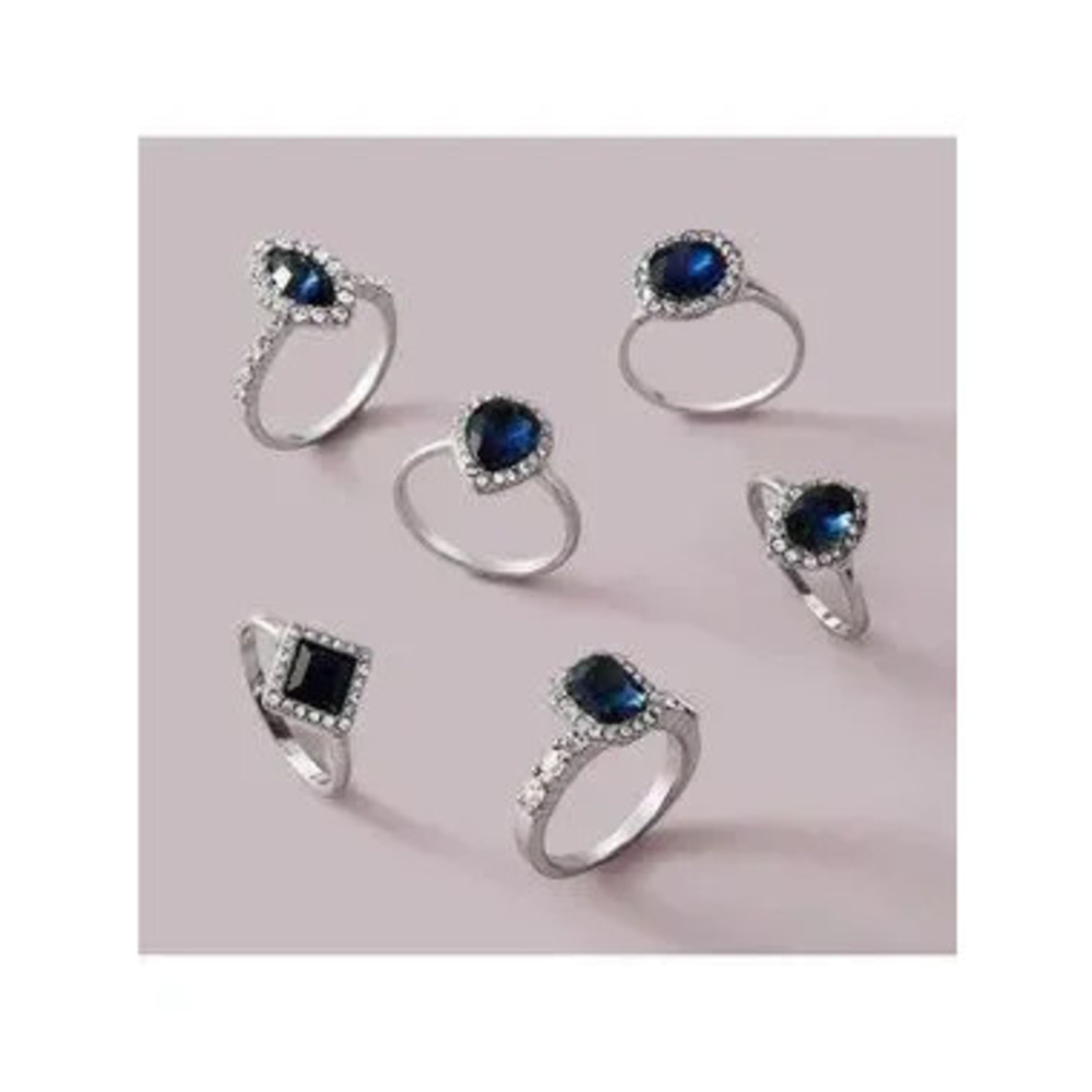 Silver 3/$30 Blue 6pc Rhinestone Geometric Midi Ring Set - Picture 2 of 2
